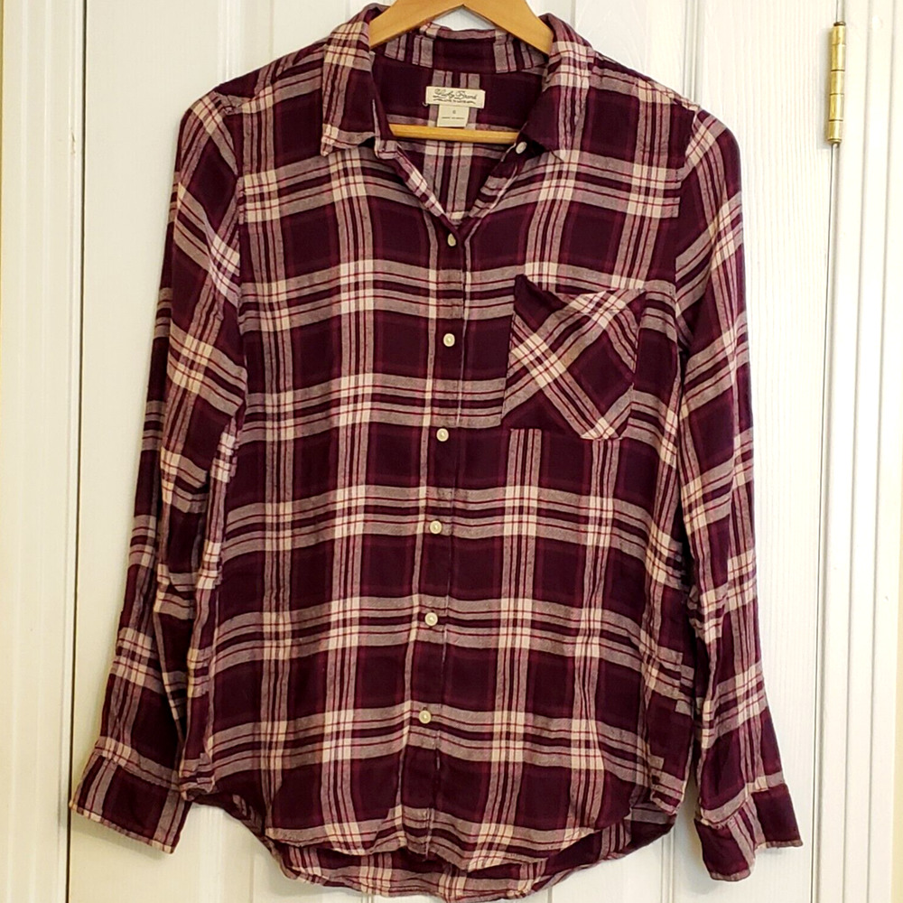 Lucky Brand Womens Long Sleeve Button Up Rayon Soft Purple Plaid Collared Top S